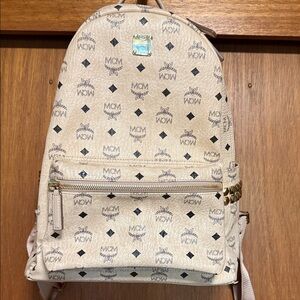 MCM Ivory Logo Backpack with Gold Details